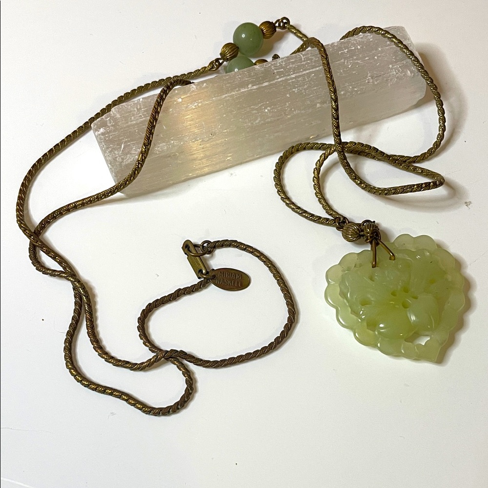 Miriam Haskell Carved Jade Green Heart Floral Necklace Signed Vintage 1960's